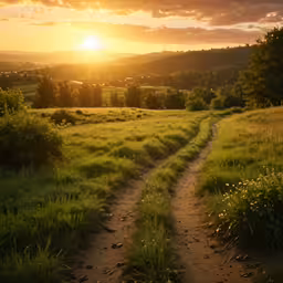 a path with grass and weeds going uphill in the distance at sunset