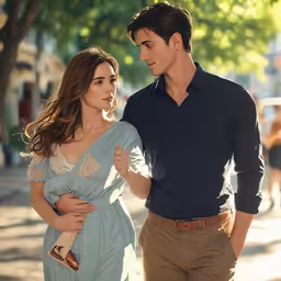 man and woman dressed in formal wear walk on a city street