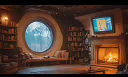 a living room with a round window and lots of books