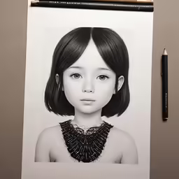 a black and white drawing of a little girl