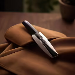 a brown piece of cloth with a black and white pen attached to it