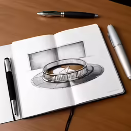 the opened notebook has a pen next to it