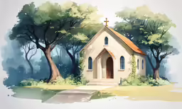 a painted painting with a white church on trees