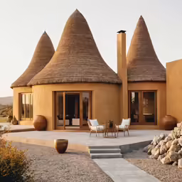 the outside of a house that has round windows and thatched roof