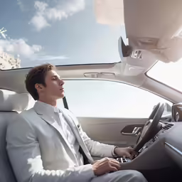 a man in a white suit sits inside of a car