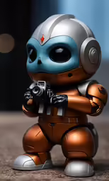 an adorable little robot holding a gun in his hands