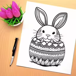 a printable card features a hand drawn bunny sitting on a table,an easter card with the image of a bunny sitting in an egg,a bunny drawing on paper with a pen next to it,a paper with a drawing of an easter bunny on it,a table with a bunny in a basket on it