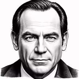 a black and white drawing of a man wearing a suit