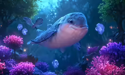 a turtle and some other animals swimming by itself