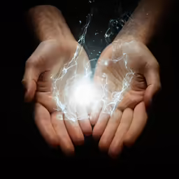 someone is holding their hands out with a flash in the air