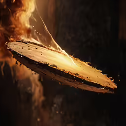 an old wooden object with flames and smoke
