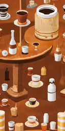 multiple different cups and dishes sit around a small table,some dishes and cups on a wooden table