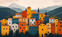 there is an old town with mountains in the back