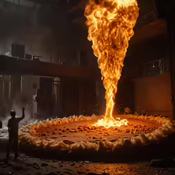 a man is standing in front of an enormous pizza