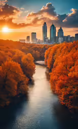 the river running between two tall buildings with orange leaves on them