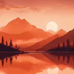 an orange sunset reflects the mountain range in a lake,an orange and brown colored sunrise near a forest