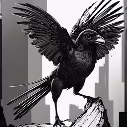 black and white image of a large bird on a tree branch,a large black bird is perched on top of a piece of wood