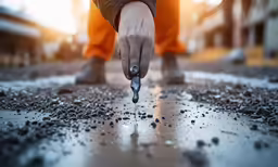 a person on a wet street holding a hammer