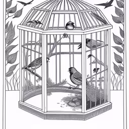 a cage with birds inside on top of some leaves,drawing of a bird cage with birds in it