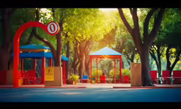 an empty playground with several tents, chairs and trees
