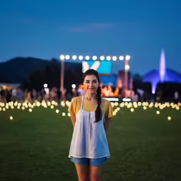 a woman posing for a photo on a grass field at night
