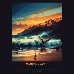 the monk is sitting in a boat in front of an ocean sunset,the movie poster for monke behemh with a man in a surfboard