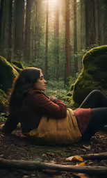a woman in the woods is sitting on the ground