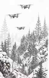 three airplanes flying over a snow covered rocky mountain