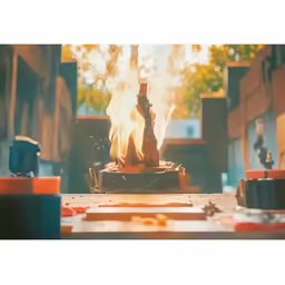 a burning stove and pots on a table