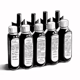 five ink bottles are lined up on the table