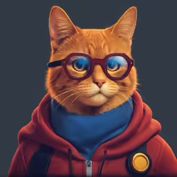 a cat wearing glasses in a red and blue outfit