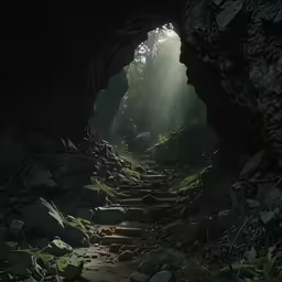 light at the end of the tunnel leading down to a forest