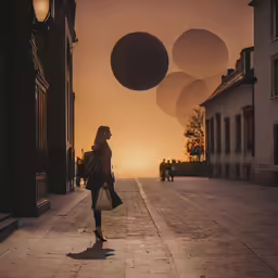 an elderly woman walks down a deserted street with lots of balloons