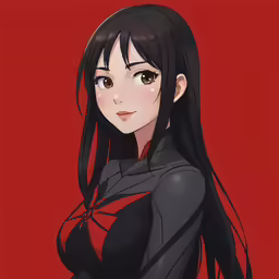 a woman with long black hair wearing a red top