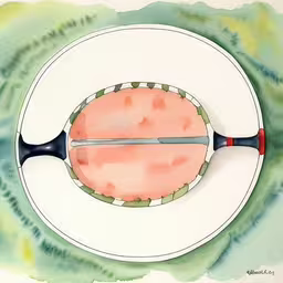 the painting is displayed with a large knife in the center,a drawing of a sword, a circular design and an animal like substance,a watercolor illustration of a spoon and plate,an aerial view of a piece of food with a large knife,an overhead view of a knife and some food on a plate