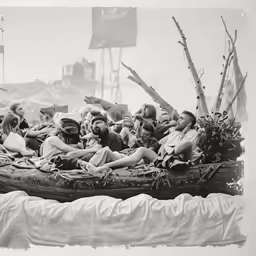 the old photograph shows a group of people on an animal that is floating in the water