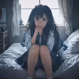 a young woman sitting on top of a bed