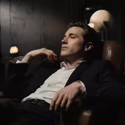 the man is wearing a suit and sitting in a chair