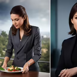 a woman at a table slicing up some fruit