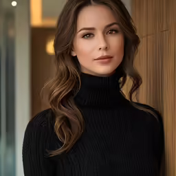 a beautiful woman posing for a picture next to a wooden wall