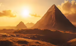 the sun rising over a mountain with grass