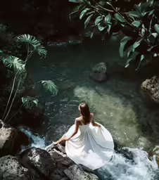 a beautiful woman sitting on some rocks by a stream