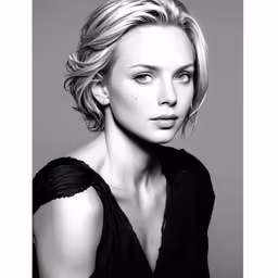 an older woman wearing black poses for a fashion magazine