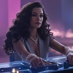 a woman in pearls and necklaces sits at a desk