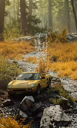 a yellow sports car parked on a gravel road