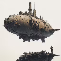 a man standing on top of a cliff looking at a giant ship floating over him