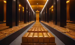 a row of brown luggage bags sitting next to each other in a hallway