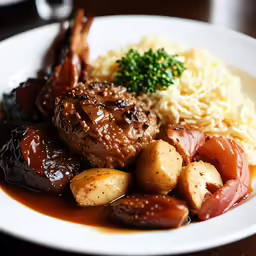 a dinner plate that includes some meat, potatoes and rice