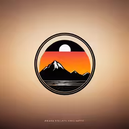 the logo for a company that sells new product,an abstract mountain range with a sunset background