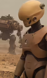 two robots are walking on a desert surface